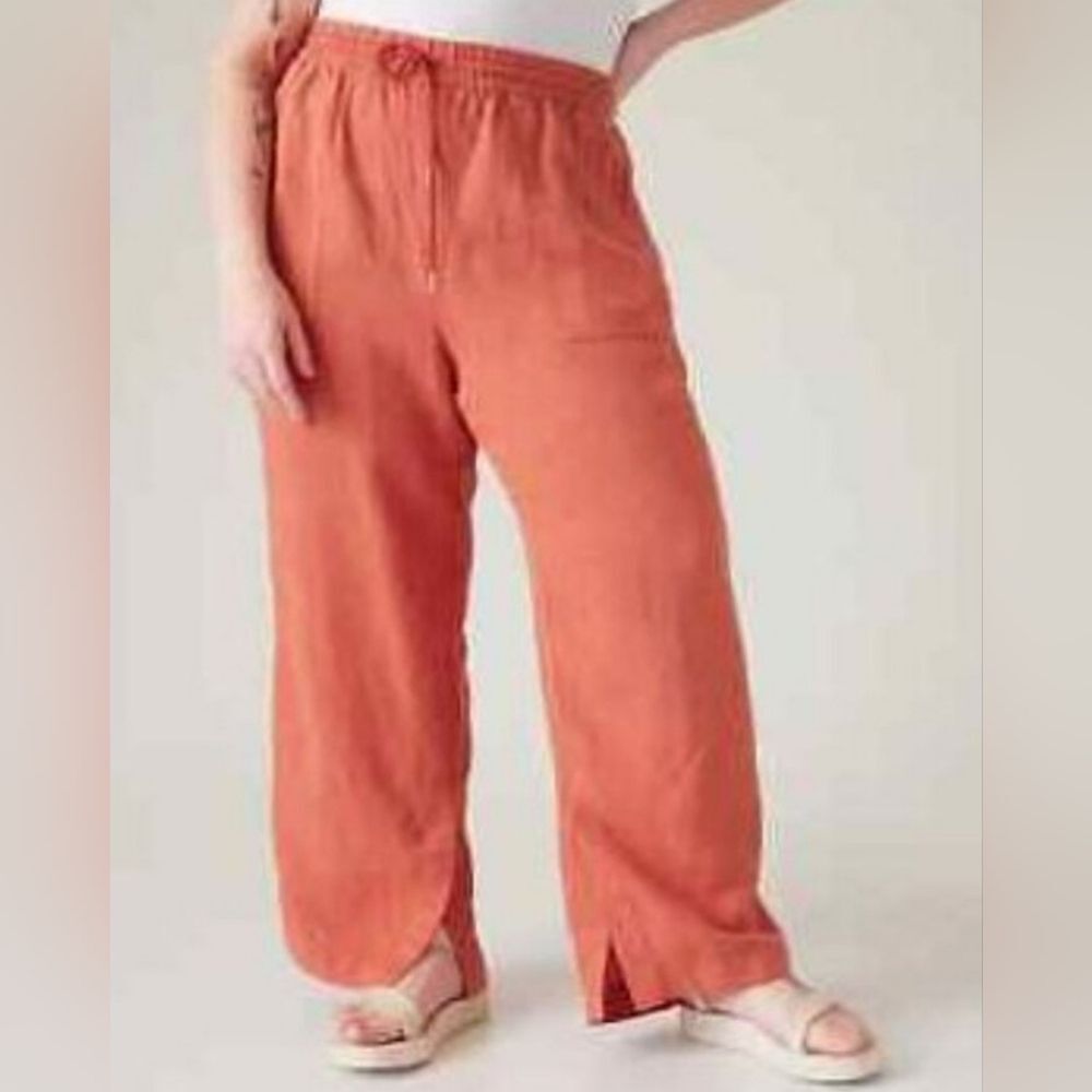 ATHLETA SIZE 20 RETREAT 100% LINEN WIDE LEG PULL-ON PANTS TIE WAIST ZIP POCKETS - Picture 9 of 13